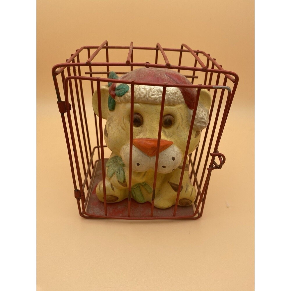 Vintage Christmas Tiger Coin Bank Santa Hat Red Metal Cage Latch Holiday